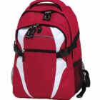 A red and white backpack with multiple compartments and zippers. It features a top handle, adjustable shoulder straps, and side mesh pockets. The design includes a small logo on the front.