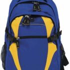 A blue and yellow backpack with multiple zippered compartments, black straps, and two side mesh pockets. The zippers have black and yellow pull tabs, and there is a top handle for carrying.