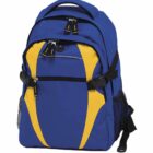 A blue and yellow backpack with multiple zippered compartments, black adjustable straps, and mesh side pockets. The design features a prominent blue handle on top and contrasting color panels for a sporty look.