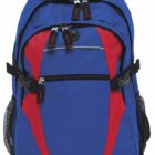 A blue and red backpack with multiple zippered compartments and black accents. It features mesh side pockets and adjustable straps, designed for practical use and storage.