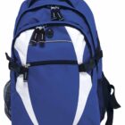 A blue and white backpack with multiple compartments and black zippers. It has adjustable shoulder straps, side mesh pockets, and a top handle for carrying.