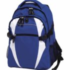 A blue and white backpack with multiple compartments and zippers, featuring adjustable straps and a side mesh pocket.