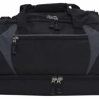 A black duffel bag with gray accents, featuring multiple zippered compartments and handles. The bag has a spacious main section and additional side pockets, designed for travel or sports.