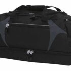 A black duffel bag with a large main compartment, front zippered pocket, and dual handles. It features a soft fabric with gray accents near the zippers and a lower zippered section for additional storage.