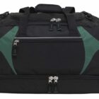 A black and green duffle bag with multiple zippered compartments and sturdy handles, set against a white background.