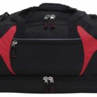 A black and red duffel bag with multiple zippers and handles, shown from the front. The bag has three central zippers and one horizontal zipper pocket in the middle.