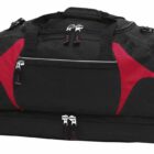 A black and red duffel bag with multiple zippers and compartments.