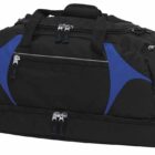 A large black sports duffel bag with blue accents. It features multiple zippered compartments and handles for easy carrying.