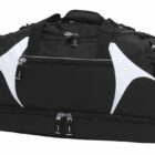 A black duffel bag with white accents on the sides. It features multiple compartments with zippers, including a zippered bottom section and top handles for carrying.