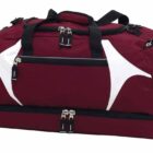 A maroon duffel bag with black handles and zippers. It features a white angular design on the sides and has two main compartments with zippers. The bag is set against a plain white background.