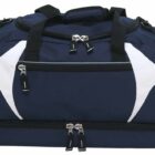 A navy blue duffel bag with white accents, featuring multiple zippered compartments and black handles.