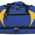 Blue and yellow sports duffle bag with multiple black zippers and handles. The bag features a spacious main compartment and additional side pockets, ideal for athletic gear or travel essentials.