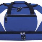 A blue duffel bag with black straps and white accents. It features multiple zippers, including a central horizontal zipper pocket and a larger compartment with dual zippers at the bottom.