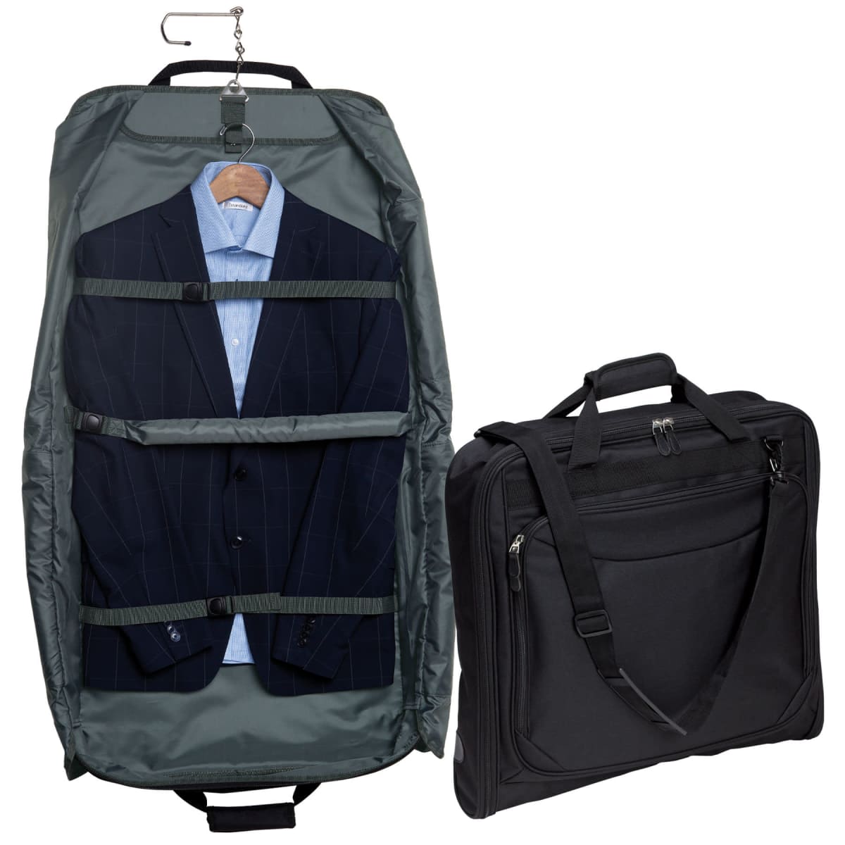A black garment bag is shown in two views: one fully zipped, resembling a briefcase with handles and a shoulder strap, and the other open, displaying a neatly strapped-in suit and shirt on a hanger.