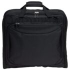 A black garment bag with a handle and zippered compartments is shown against a white background. The bag features a large front pocket and a double zipper closure on the main compartment.