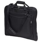 Black garment bag with handles and a shoulder strap. There are multiple zippered compartments, designed for easy carrying of suits or clothing. The material appears durable and the bag is slightly open at the top.
