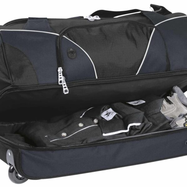 A black rolling duffel bag is open, revealing clothes neatly packed inside. The bag has multiple compartments and silver zippers, with a pair of wheels for easy transport.