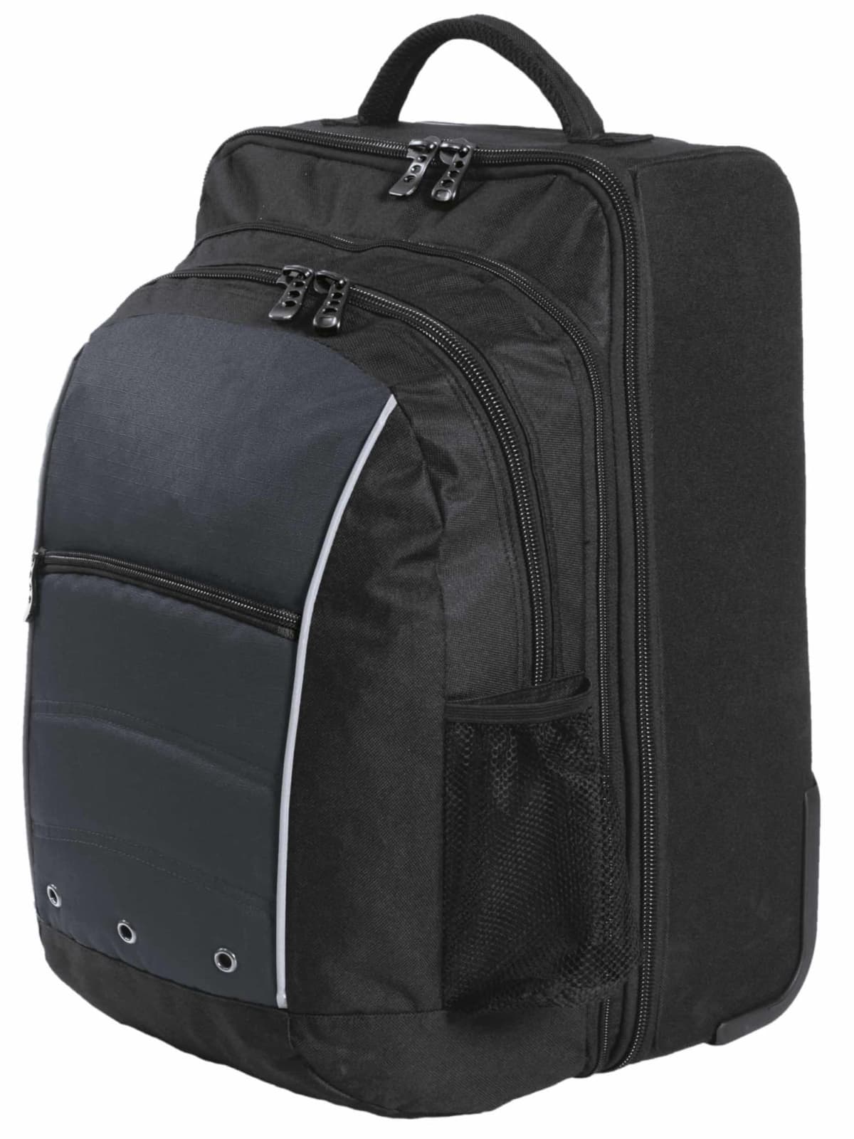 A black and dark gray backpack with multiple zippered compartments, a top handle, and a side mesh pocket. The front features a small zipper pocket and decorative grommets at the bottom.