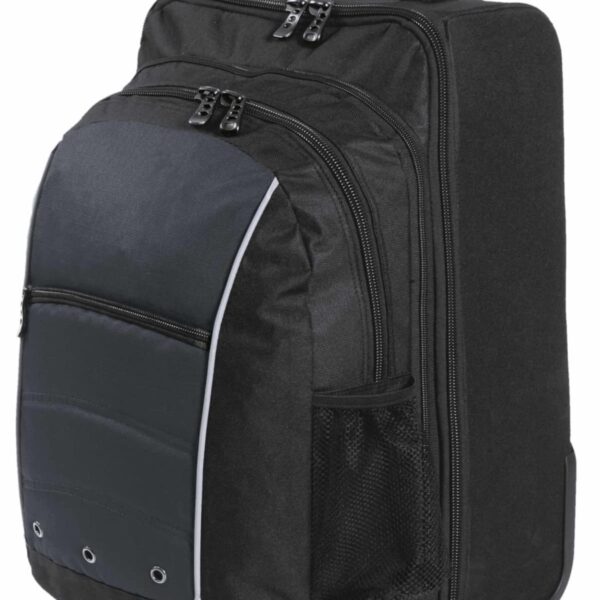 A black backpack with multiple zippered compartments, including a front pocket with subtle decorative elements and white piping. It has a handle on top and a side mesh pocket for water bottles or other items.