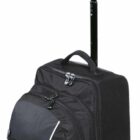 A black rolling backpack with a retractable handle, several zippered compartments, and side mesh pockets.