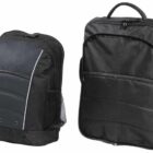 Two black backpacks: the first has a curved design with white piping and a side mesh pocket, while the second is rectangular with a front zip pocket and a top handle. Both are on a white background.