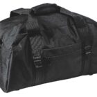 A black duffel bag with sturdy handles and shoulder straps. The bag features a front zippered pocket and buckle closures. It has a simple, functional design suitable for travel or sports.
