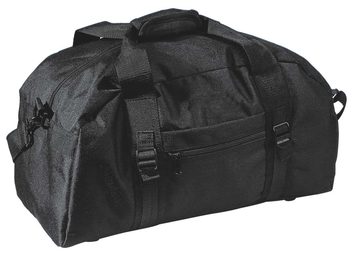 A black duffel bag with sturdy handles and shoulder straps. The bag features a front zippered pocket and buckle closures. It has a simple, functional design suitable for travel or sports.