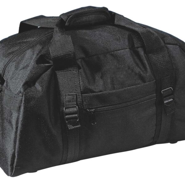 A black duffel bag with multiple handles and a zippered pocket on the side. The bag appears sturdy and spacious, suitable for travel or sports activities.