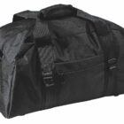 A black duffel bag with sturdy handles and multiple pockets is shown. The bag appears well-crafted, featuring a zippered main compartment and adjustable shoulder strap.