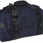 A large, navy blue duffel bag with black handles and a zippered front pocket. The bag has buckle details on the sides and appears to be made of durable fabric.