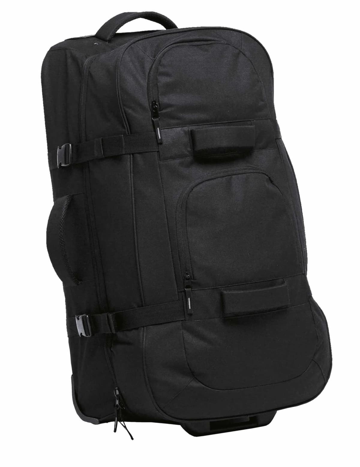 A large black wheeled travel bag with multiple zippered compartments and straps. It has a top handle and side handle for easy carrying.