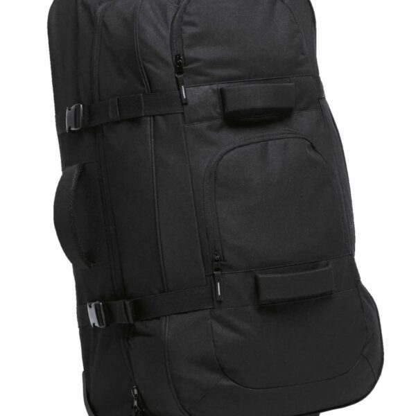 A large black wheeled travel bag with multiple compartments and adjustable straps. The bag stands upright with a handle on top, showcasing its spacious design for easy transportation.