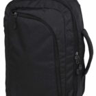A black fabric backpack with multiple zippered compartments and a carrying handle on top. The design is simple and functional, suitable for everyday use or travel.