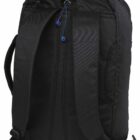 A black backpack with padded shoulder straps and a top handle, featuring a blue cable with earbuds partially visible hanging over one strap. The bag has a sleek, minimalist design.
