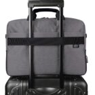 A black wheeled suitcase with a gray laptop bag securely attached on top. The laptop bag has a strap that fits over the suitcases extended handle, creating a convenient travel setup.