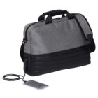 A two-tone gray and black messenger bag with a shoulder strap. It features a built-in USB charging port, connected to a smartphone with a cable. The bag is upright against a plain white background.
