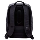 The image shows the back view of a gray backpack with black, padded shoulder straps and a handle at the top. The straps feature ventilation mesh and adjustable buckles.