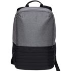 A sleek, modern backpack with a gray upper section and a black lower section featuring horizontal stripes. The backpack has a handle on top and adjustable shoulder straps.