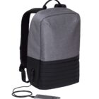 A stylish, modern gray and black backpack with a USB charging port, connected to a smartphone via a cable. The backpack has a sleek rectangular design and a comfortable handle on top.