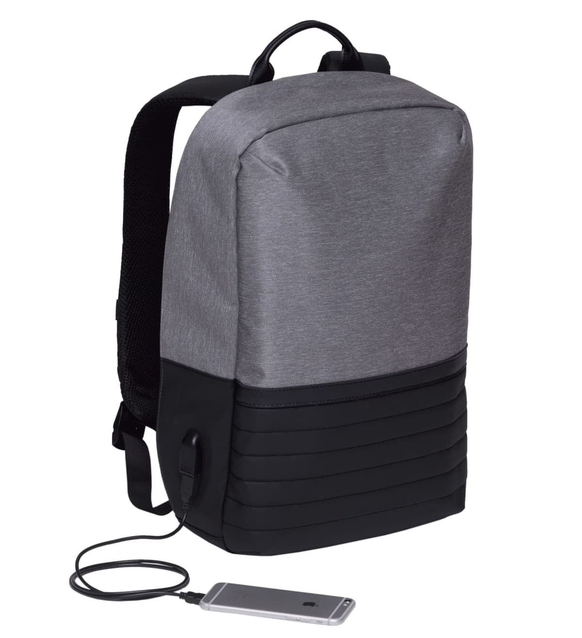 A stylish, modern gray and black backpack with a USB charging port, connected to a smartphone via a cable. The backpack has a sleek rectangular design and a comfortable handle on top.