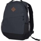 A dark gray backpack with a simple design, featuring a front zipper pocket, black mesh side pockets, and a small brown leather patch on the upper front. The backpack has a top handle and padded shoulder straps.
