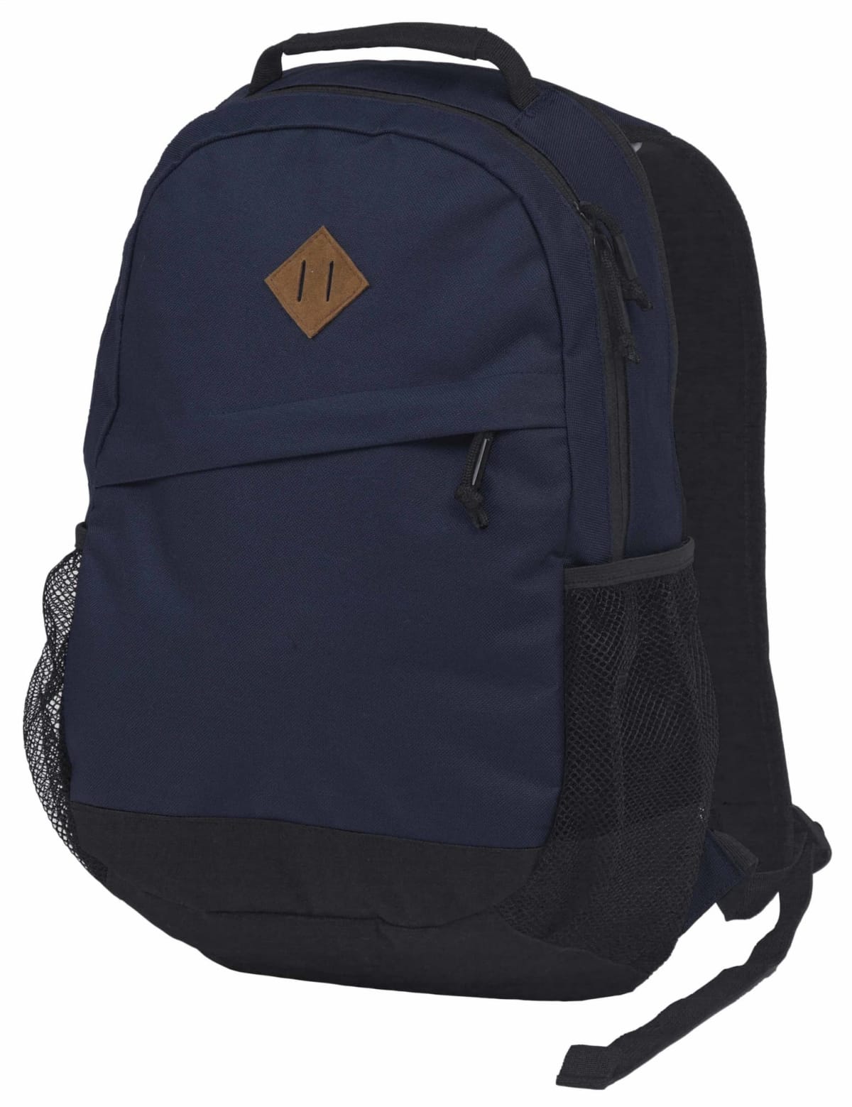 A navy blue backpack with a black base and mesh side pockets. It features a brown diamond-shaped patch on the front and has a top handle and two adjustable shoulder straps.