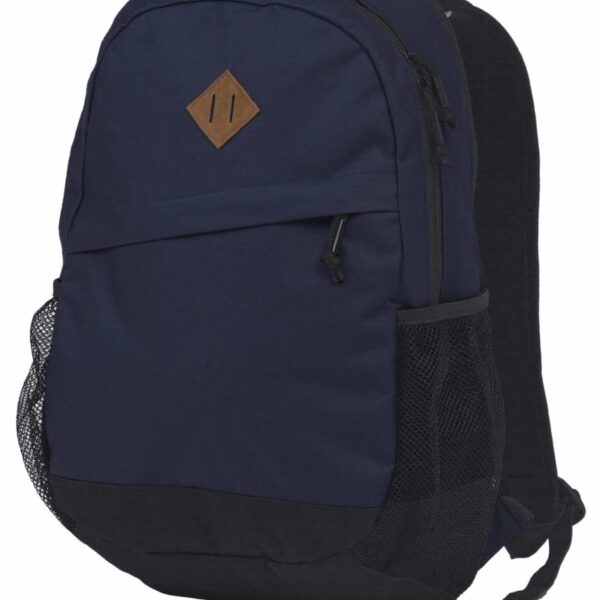 A blue and black backpack with a front zipper pocket, mesh side pocket, and a top handle. It features a brown diamond-shaped patch on the front.