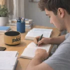A young man studies at a desk with books and Bamboo Bluetooth Speakers next to him.