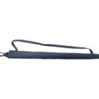 A closed navy blue umbrella with a carrying strap and a black handle, positioned horizontally against a white background.