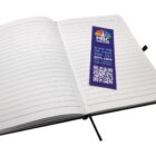 Open notebook with lined pages, featuring a promotional bookmark with a QR code. The bookmark is from NBC Online offering a 20% discount on subscriptions.