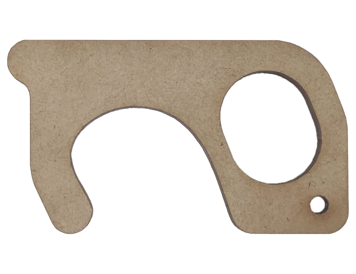 A small, flat, beige-colored tool with a circular cutout and a hook-like end, featuring a small hole near one edge.