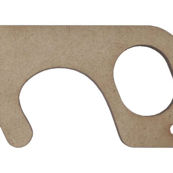 A brown, flat, irregularly shaped object with a large circular opening and a smaller hole near the bottom right corner, set against a white background.