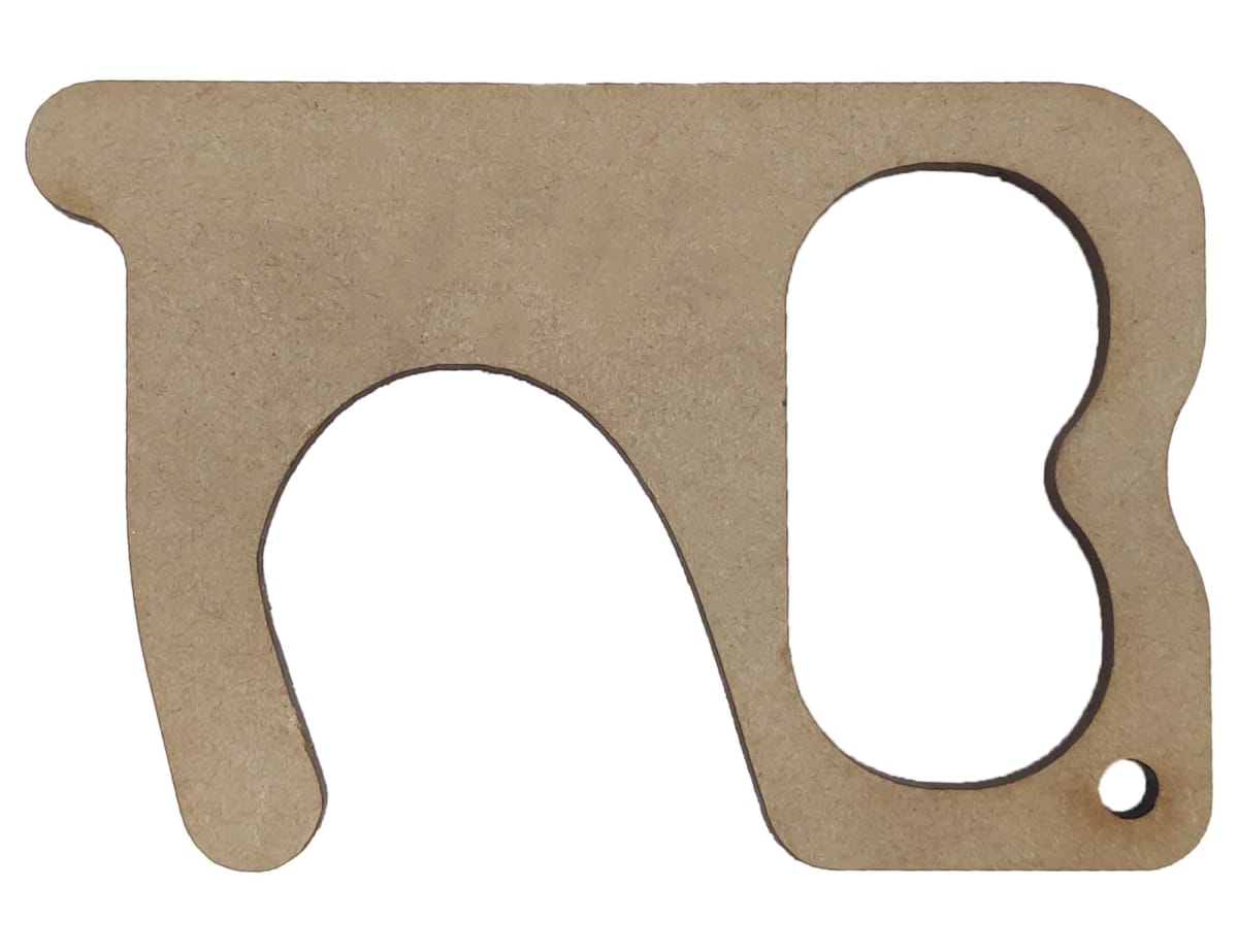 A beige, key-shaped no-touch tool made of hard material. It features a large round opening and a hook, designed for opening doors and pressing buttons without direct contact.