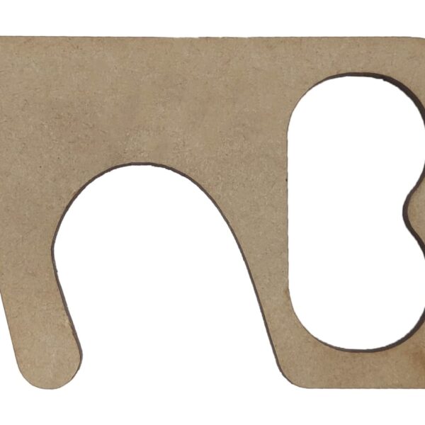 A tan, handheld tool shaped like a stylized animal with a hook and loop design. It features an ergonomic grip and could be used for touchless interaction with surfaces or doors.